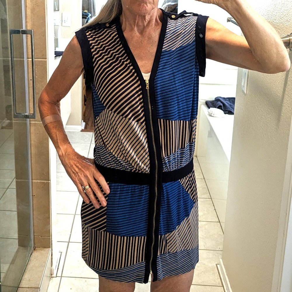 Julie Dillon/New York geometric abstract blue/tan Dress, Sz 6 with front zipper